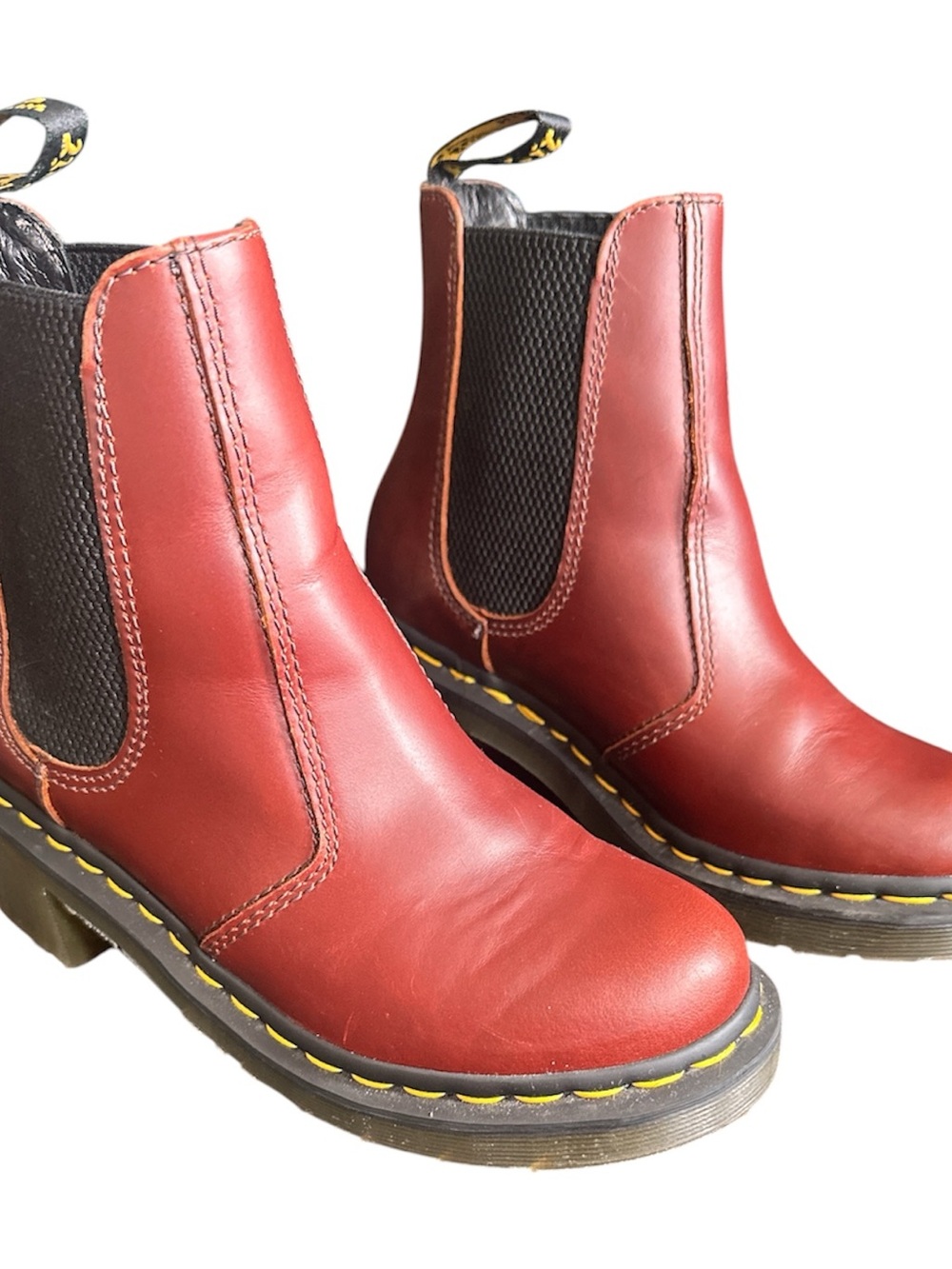 Red Leather Dr Marten Cadence Chelsea Boots with Yellow Stitching